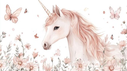 A unicorn with a flowing pink mane stands gracefully amidst vibrant flowers and fluttering butterflies. This whimsical scene captures a serene moment in nature's beauty