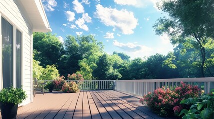 Obraz premium Exterior deck painting at a serene home on a sunny day surrounded by greenery. Generative AI