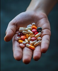 a hand extending towards the viewer, holding a mix of various pills and tablets