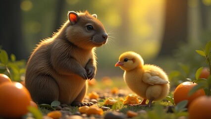 Capybara and chicken in a meadow with oranges
