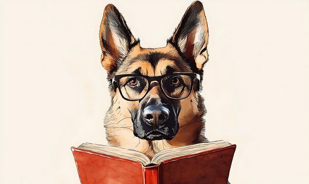 A German Shepherd dog wearing glasses is reading a book