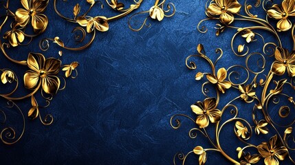 Decorative golden floral elements gracefully intertwine on a rich blue background, creating a luxurious and sophisticated visual appeal perfect for events