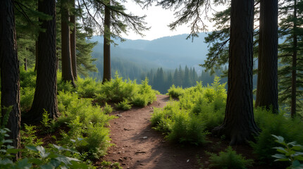 Obraz premium Green Forest Path Ferns Mountain View - Nature Scene