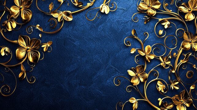 Decorative golden floral elements gracefully intertwine on a rich blue background, creating a luxurious and sophisticated visual appeal perfect for events