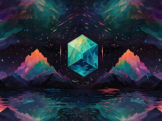 masterpiece, geometric isometric cube pattern, opalescent effects, pastel opal hues, shimmery astral glow, warm and cool tone interplay, deep dark shadows, cinema4d rendering quality, metallic texture