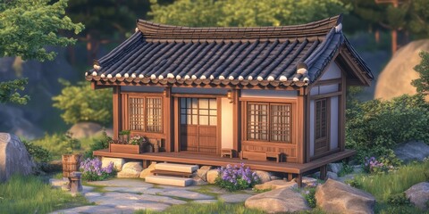 Obraz premium Beautiful wooden Asian inspired house surrounded by nature and green trees