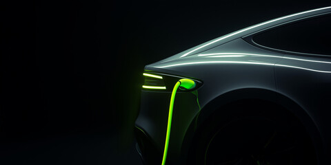 Sleek electric car charging at night with neon green cable, futuristic eco-friendly transportation. Electric power supply. Vehicle isolated on a black background