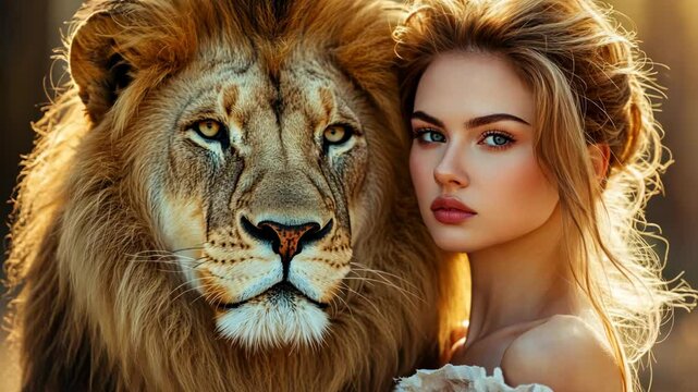fashion portrait of pretty woman with lion in town