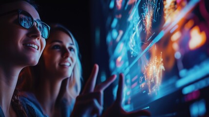 A closeup view of a holographic projector emitting vivid digital content with reflected images of enthusiastic participants gesturing and pointing as they engage with the projected