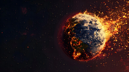 Fototapeta premium A planet is on fire and is surrounded by a lot of debris