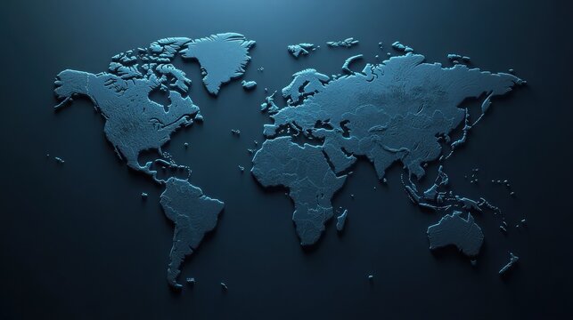 A blue world map on a dark background.