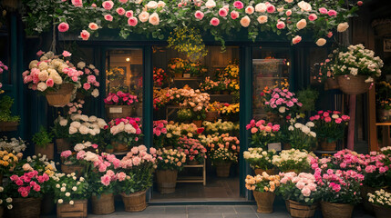 Naklejka premium Charming Vintage Shop Facade with Colorful Flowers in Urban European Town Market
