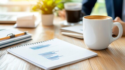Close up of a notepad with blue bar chart, a white coffee mug, and office supplies on a wooden table. Soft, warm lighting