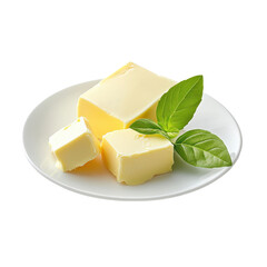 Butter cubes and fresh basil leaves on a white plate isolated with a clean background for culinary use, butter in plateisolated on white background