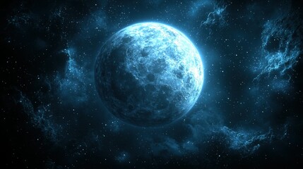 Fototapeta premium Glowing planet shines amongst starry nebulae, creating a serene, cosmic vision