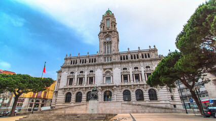Fototapeta premium Town Hall building Camara Municipal do Porto timelapse hyperlapse on Liberdade Square, Porto, Portugal