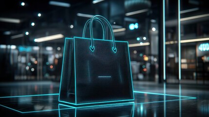 Glowing shopping bag in a mall with bright, blurry background
