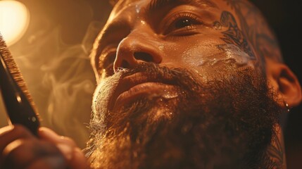 A tattooed man carefully styles his thick beard with a comb while surrounded by a warm, smoky ambiance. The lighting creates a dramatic effect on his facial features.