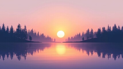 Fototapeta premium A serene lake reflects the stunning sunset, creating vibrant hues in the sky. Tall pine trees line the shore, enhancing the peaceful atmosphere of the moment