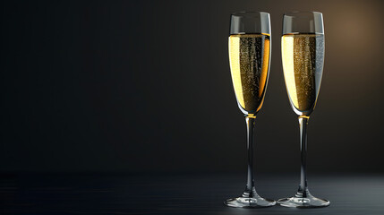 Two champagne flutes are filled with champagne
