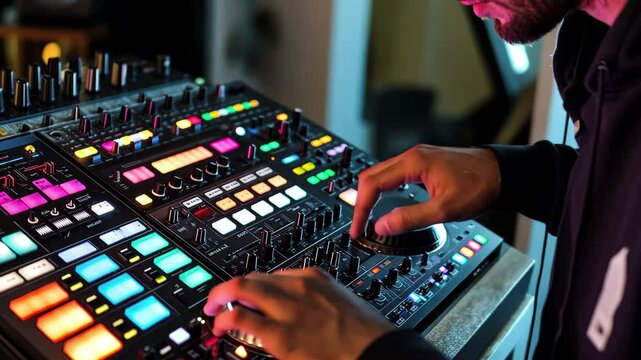 DJ adjusts audio settings on controller during nighttime music performance, dj adjusting audio setting on the audio controller drum machine and playing music in the club