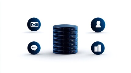 Dark blue database cylinder icon surrounded by smaller icons representing email, chat, profile, and thumb up. White background. Digital concept