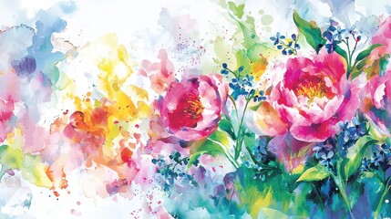 A beautiful arrangement showcases pink peonies and blue flowers in watercolor style, blending with colorful abstract patterns. The artwork radiates freshness and vibrancy