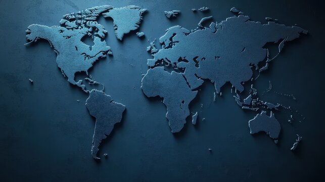 A blue world map on a dark background.