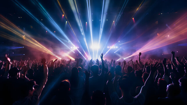 A crowd of people are at a concert, with many of them holding up their hands