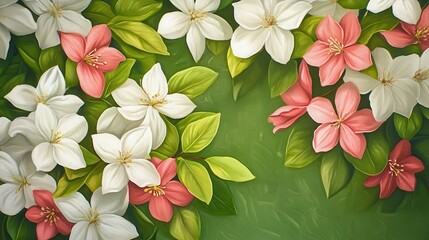 Watercolor Floral Pattern with White and Pink Flowers on a Green Background