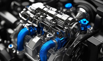 Fototapeta premium Close-up of a Gleaming Car Engine: A Detailed Look at Automotive Engineering