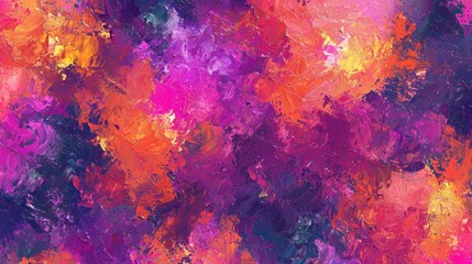 Fototapeta premium A striking abstract artwork features an explosion of colors, primarily deep purples, oranges, and pinks. The dynamic brushstrokes create a sense of energy and movement