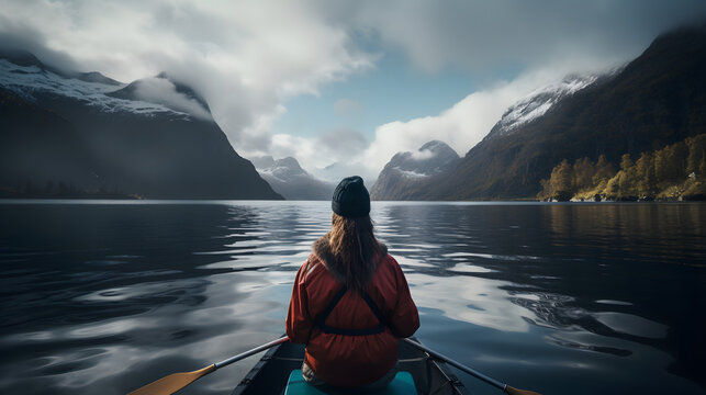 A woman in a red jacket is in a canoe on a lake - Powered by Adobe