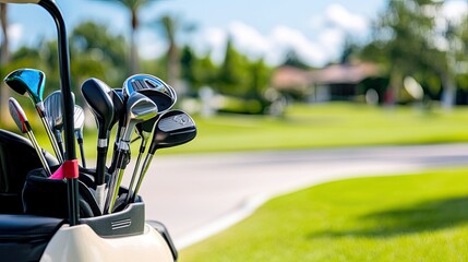 Golf cart with equipment : cart loaded with clubs, space for information on the left. 