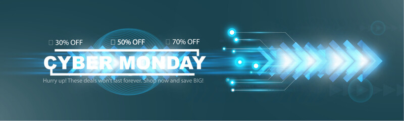Fototapeta premium Cyber Monday sale banner with futuristic neon digital design, discounts, shopping promotion, and glowing tech elements.