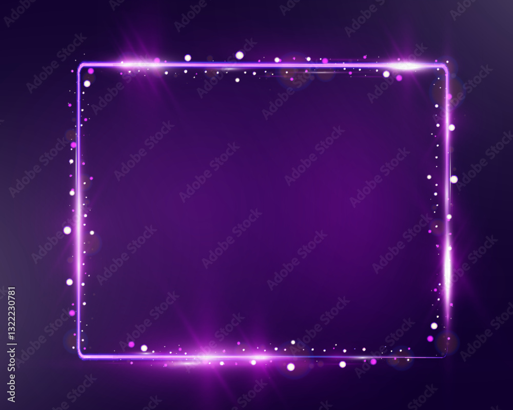 Poster purple neon glowing rectangular frame with rounded corners, sparkles, and lens flares, placed on a t