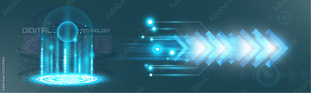 Poster futuristic glowing arrow with speed effect, digital motion, neon light, and high-tech acceleration i