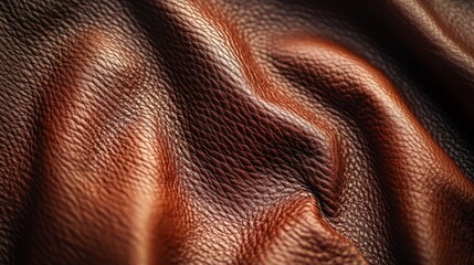 Rich brown leather fabric showcases luxurious texture and sheen, emphasizing craftsmanship and elegance.