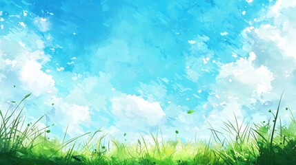 Obraz premium A clear blue sky filled with soft, fluffy clouds stretches overhead, while lush green grass covers the ground, creating a peaceful and inviting natural setting on a sunny day