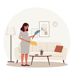 Fototapeta premium Pregnant woman cleaning living room with dusters in flat vector illustration