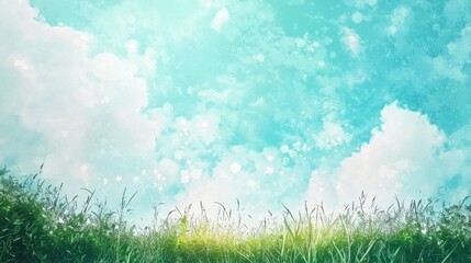 Fototapeta premium A clear blue sky filled with soft, white clouds stretches above a lush green field, creating a tranquil scene during a sunny day, inviting relaxation and nature appreciation
