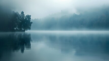 misty fog over a serene lake creates an ethereal and mysterious atmosphere. generative ai