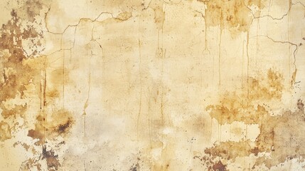 Fototapeta premium A worn and aged wall displays a blend of faded brown stains and light yellow tones, revealing cracks and imperfections typical of historical interiors