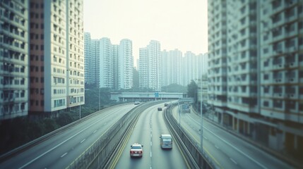 Fototapeta premium A serene, foggy urban street lined with towering apartments, where a couple of vehicles glide smoothly along the empty highway.