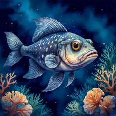 Fototapeta premium watercolor illustration of a Lanternfish swimming in the deep ocean, its bioluminescent spots glowing against the dark blue background
