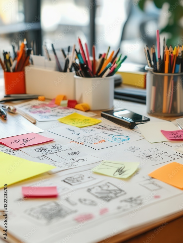 Fototapete creative brainstorming session in a workspace with colorful sticky notes and hand-drawn sketches sca