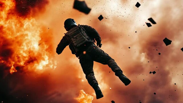 Stunt man propelled through air by large explosion during action sequence in urban environment, Explosion sending stunt man flying through the air in slow motion