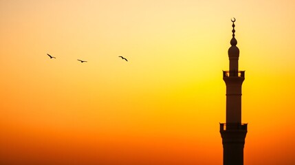 Ramadan, Sleek tower silhouetted against a vibrant sunset, warm hues blending with the skyline, perfect for inspirational messaging.