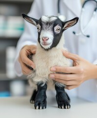 A veterinarian examining a small, cute dwarf goat in a calm, friendly manner, holding it gently on a soft examination table, 