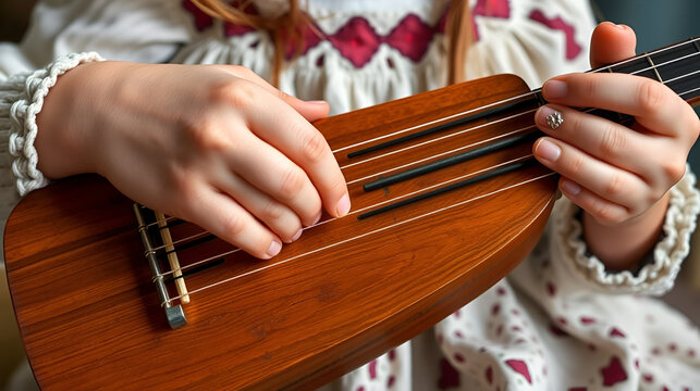 Fingers of a girl playing kankles, Lithuanian plucked string instrument belonging to the Baltic box zither family known as the Baltic psaltery, in Latvian kokles, Estonian kannel, Finnish kantele